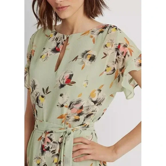 Lauren Ralph Lauren Floral Crinkled Georgette Dress sage green Size 14 NEW